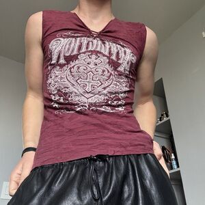 RARE Vintage Affliction Distressed Open Back Bedazzled Maroon Tank Top Sz M